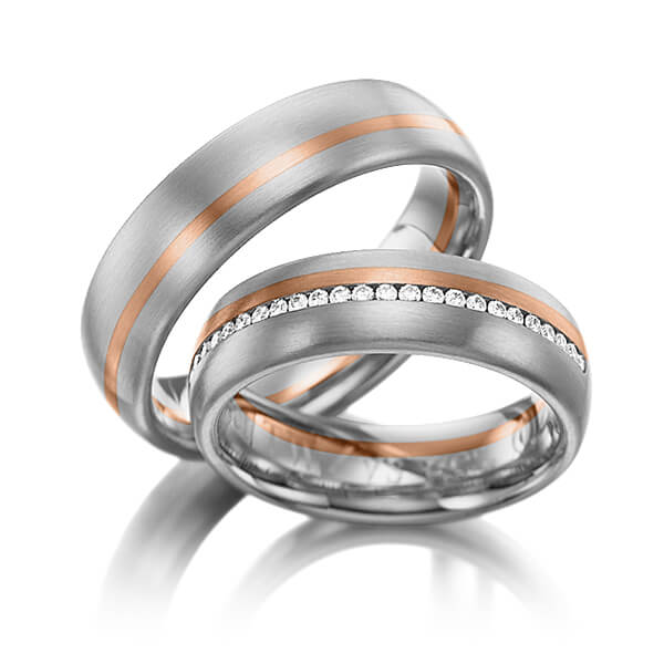 Paar bicolor Memoire-Trauringe/Eheringe in Graugold 585 Rotgold 585 vollausgefasst mit zus. 0,384 ct. Brillant tw, si von 123GOLD