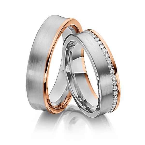 Paar bicolor Memoire-Trauringe/Eheringe in Graugold 585 Rotgold 585 vollausgefasst mit zus. 0,47 ct. Brillant tw, si von Steinberg