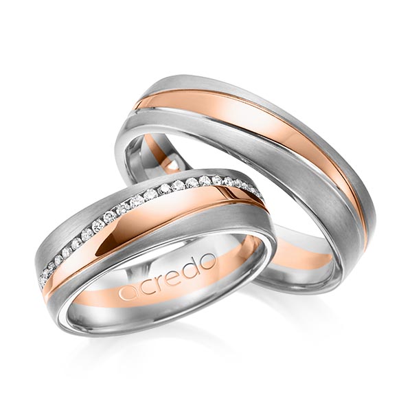 Paar bicolor Memoire-Trauringe/Eheringe in Graugold 585 Rotgold 585 vollausgefasst mit zus. 0,4 ct. Brillant tw, si von acredo - A-1153-8
