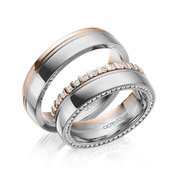 Paar bicolor Memoire-Trauringe/Eheringe in Graugold 585 Rotgold 585 vollausgefasst mit zus. 0,75 ct. Brillant tw, si von acredo