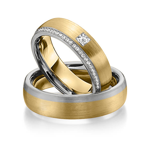 Paar bicolor Memoire-Trauringe/Eheringe in Graugold dunkel 585 Gelbgold 585 vollausgefasst mit zus. 0,41 ct. Brillant & Prinzess-Diamant tw, si von Steinberg - Q-1351-12 Paar bicolor Memoire-Trauringe/Eheringe in Graugold dunkel 585 Gelbgold 585 vollausgefasst mit zus. 0,41 ct. Brillant & Prinzess-Diamant tw, si von Steinberg - Q-1351-12