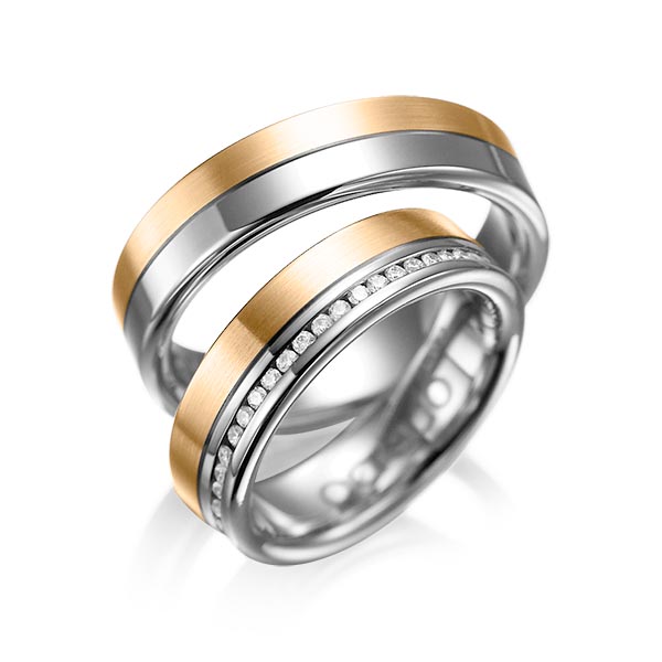 Paar bicolor Memoire-Trauringe/Eheringe in Graugold dunkel 585 Roségold 585 vollausgefasst mit zus. 0,46 ct. Brillant tw, si von acredo