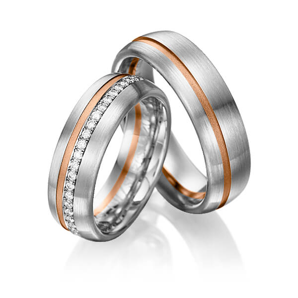 Paar bicolor Memoire-Trauringe/Eheringe in Graugold dunkel 585 Rotgold 585 halbausgefasst mit zus. 0,176 ct. Brillant tw, si von 123GOLD