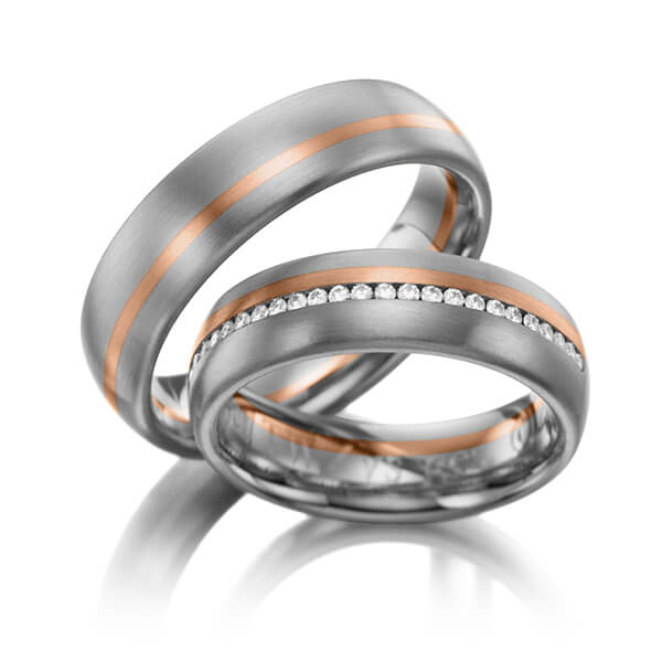 Paar bicolor Memoire-Trauringe/Eheringe in Graugold dunkel 585 Rotgold 585 vollausgefasst mit zus. 0,384 ct. Brillant tw, si von 123GOLD