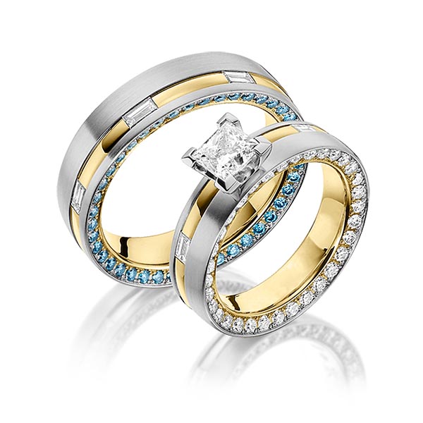 Paar bicolor Memoire-Trauringe/Eheringe in Innen Gelbgold 585 , außen Graugold 585 Gelbgold 585 vollausgefasst mit 1 ct. + zus. 1,3 ct. Baguette-Diamant & Prinzess-Diamant & Brillant r, if tw, vs iceb