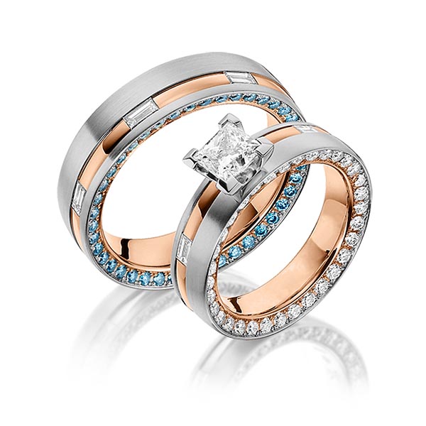 Paar bicolor Memoire-Trauringe/Eheringe in Innen Rotgold 585 , aussen Graugold 585 Rotgold 585 vollausgefasst mit 1 ct. + zus. 1,3 ct. Baguette-Diamant & Prinzess-Diamant & Brillant r, if tw, vs iceblu