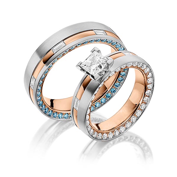 Paar bicolor Memoire-Trauringe/Eheringe in Innen Rotgold 750 , außen Platin 950 Rotgold 750 vollausgefasst mit 1 ct. + zus. 1,3 ct. Baguette-Diamant & Prinzess-Diamant & Brillant r, if tw, vs iceblue 