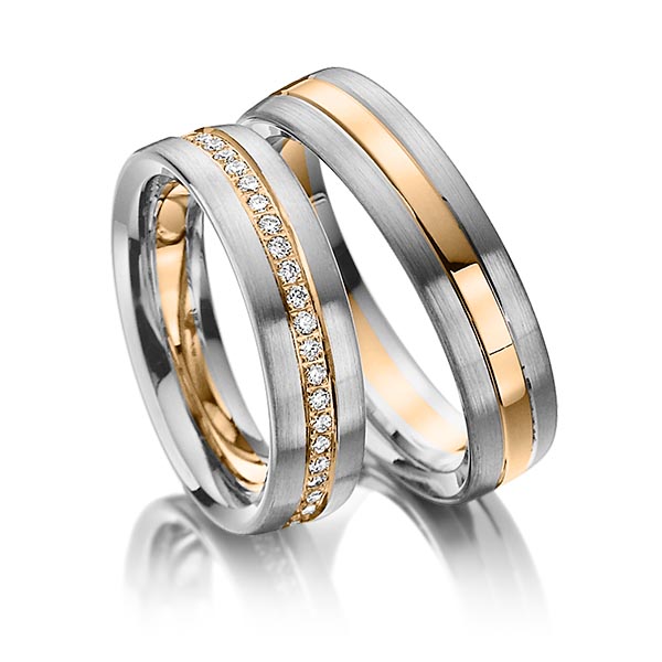 Paar bicolor Memoire-Trauringe/Eheringe in Palladium 585 Roségold 585 vollausgefasst mit zus. 0,48 ct. Brillant tw, si von Steinberg