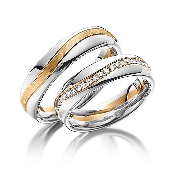 Paar bicolor Memoire-Trauringe/Eheringe in Palladium 950 Roségold 585 vollausgefasst mit zus. 0,48 ct. Brillant tw, si von Steinberg - Q-1086-12 Paar bicolor Memoire-Trauringe/Eheringe in Palladium 950 Roségold 585 vollausgefasst mit zus. 0,48 ct. Brillant tw, si von Steinberg - Q-1086-12