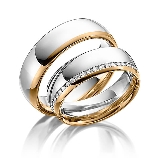 Paar bicolor Memoire-Trauringe/Eheringe in Platin 950 Roségold 750 vollausgefasst mit zus. 0,48 ct. Brillant tw, si von Steinberg