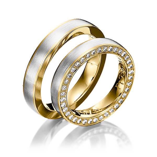 Paar bicolor Memoire-Trauringe/Eheringe in Ring Gelbgold 585 , Inlay Palladium 950 vollausgefasst mit zus. 0,41 ct. Brillant tw, si von 123GOLD - Y-1155-14