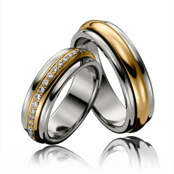 Paar bicolor Memoire-Trauringe/Eheringe in Ring Graugold 585 Inlay Gelbgold 585 vollausgefasst mit zus. 0,615 ct. Brillant tw, si von 123gold - P-1091-6 Paar bicolor Memoire-Trauringe/Eheringe in Ring Graugold 585 Inlay Gelbgold 585 vollausgefasst mit zus. 0,615 ct. Brillant tw, si von 123gold - P-1091-6