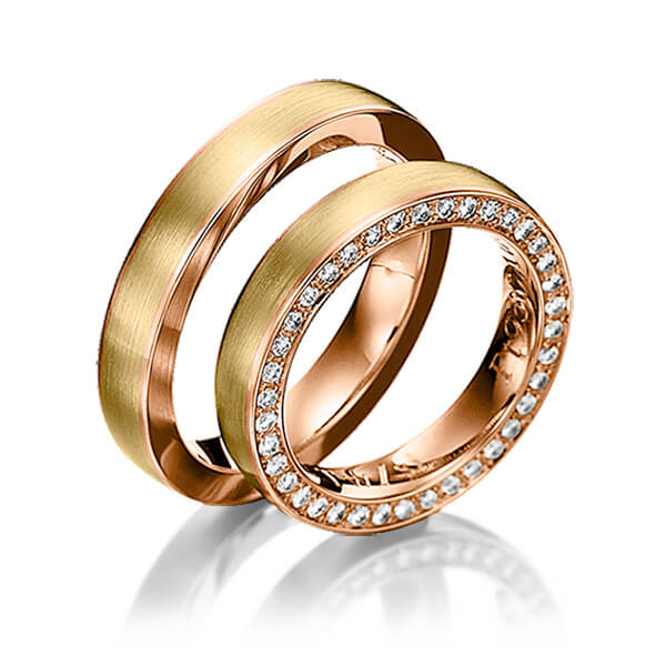 Paar bicolor Memoire-Trauringe/Eheringe in Ring Rotgold 585 , Inlay Gelbgold 585 vollausgefasst mit zus. 0,41 ct. Brillant tw, si von 123GOLD