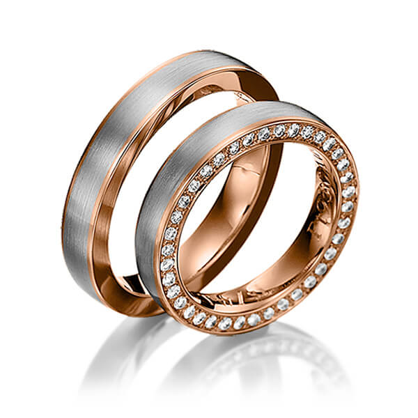 Paar bicolor Memoire-Trauringe/Eheringe in Ring Rotgold 585 , Inlay Graugold dunkel 585 vollausgefasst mit zus. 0,41 ct. Brillant tw, si von 123GOLD