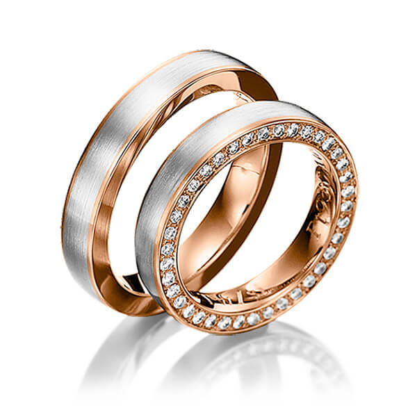 Paar bicolor Memoire-Trauringe/Eheringe in Ring Rotgold 585 , Inlay Platin 950 vollausgefasst mit zus. 0,41 ct. Brillant tw, si von 123GOLD - Y-1155-15