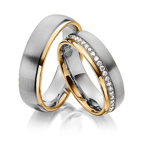 Paar bicolor Memoire-Trauringe/Eheringe in Roségold 585 Graugold dunkel 585 vollausgefasst mit zus. 0,47 ct. Brillant tw, si von Steinberg