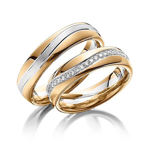 Paar bicolor Memoire-Trauringe/Eheringe in Roségold 585 Palladium 950 vollausgefasst mit zus. 0,48 ct. Brillant tw, si von Steinberg - Q-1086-6