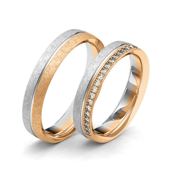 Paar bicolor Memoire-Trauringe/Eheringe in Roségold 585 Weißgold 585 halbausgefasst mit zus. 0,22 ct. Brillant tw, si von Merii - M-1260-6 Paar bicolor Memoire-Trauringe/Eheringe in Roségold 585 Weißgold 585 halbausgefasst mit zus. 0,22 ct. Brillant tw, si von Merii - M-1260-6