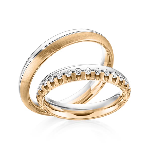 Paar bicolor Memoire-Trauringe/Eheringe in Roségold 585 Weißgold 585 vollausgefasst mit zus. 0,72 ct. Brillant tw, si von Steinberg