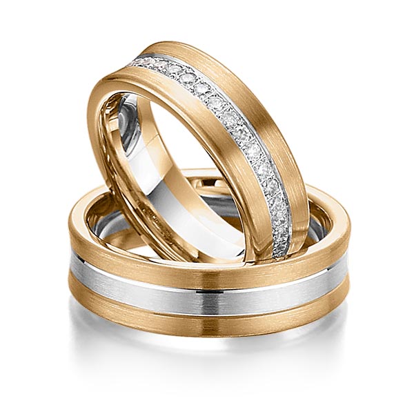 Paar bicolor Memoire-Trauringe/Eheringe in Roségold 585 Weißgold 585 vollausgefasst mit zus. 0,74 ct. Brillant tw, si von Steinberg - Q-1073-12 Paar bicolor Memoire-Trauringe/Eheringe in Roségold 585 Weißgold 585 vollausgefasst mit zus. 0,74 ct. Brillant tw, si von Steinberg - Q-1073-12