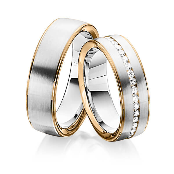 Paar bicolor Memoire-Trauringe/Eheringe in Roségold 585 Weißgold 585 vollausgefasst mit zus. 0,74 ct. Brillant tw, si von Steinberg