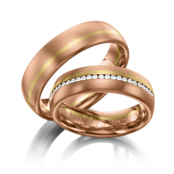 Paar bicolor Memoire-Trauringe/Eheringe in Rotgold 585 Gelbgold 585 vollausgefasst mit zus. 0,384 ct. Brillant tw, si von 123GOLD