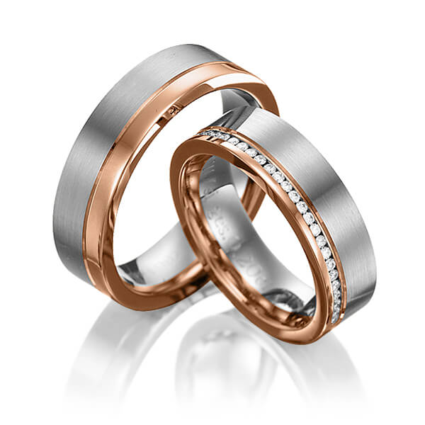 Paar bicolor Memoire-Trauringe/Eheringe in Rotgold 585 Graugold 585 vollausgefasst mit zus. 0,384 ct. Brillant tw, si von 123GOLD