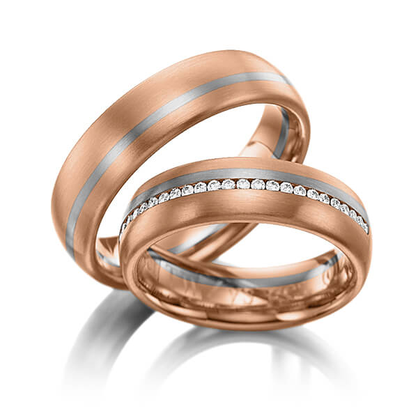 Paar bicolor Memoire-Trauringe/Eheringe in Rotgold 585 Graugold 585 vollausgefasst mit zus. 0,768 ct. Brillant tw, si von 123GOLD - Y-1003-13