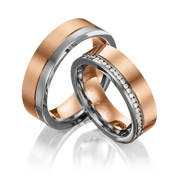 Paar bicolor Memoire-Trauringe/Eheringe in Rotgold 585 Graugold dunkel 585 vollausgefasst mit zus. 0,384 ct. Brillant tw, si von 123GOLD