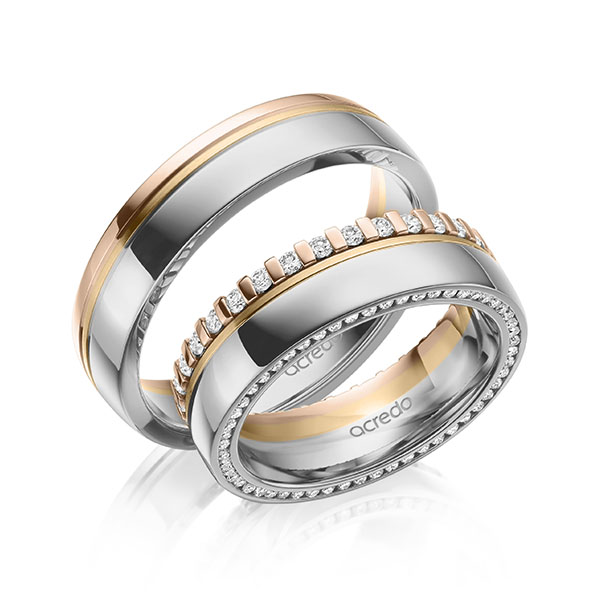 Paar bicolor Memoire-Trauringe/Eheringe in Rotgold 585 Roségold 585 Graugold 585 vollausgefasst mit zus. 0,75 ct. Brillant tw, si von acredo