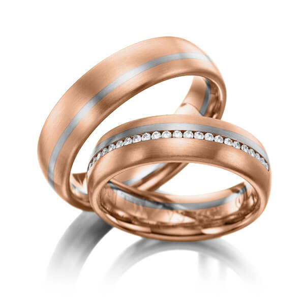 Paar bicolor Memoire-Trauringe/Eheringe in Rotgold 585 Weissgold 585 vollausgefasst mit zus. 0,384 ct. Brillant tw, si von 123GOLD