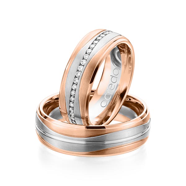 Paar bicolor Memoire-Trauringe/Eheringe in Rotgold 585 Weißgold 585 vollausgefasst mit zus. 0,47 ct. Brillant tw, si von acredo - A-1159-3 Paar bicolor Memoire-Trauringe/Eheringe in Rotgold 585 Weißgold 585 vollausgefasst mit zus. 0,47 ct. Brillant tw, si von acredo - A-1159-3