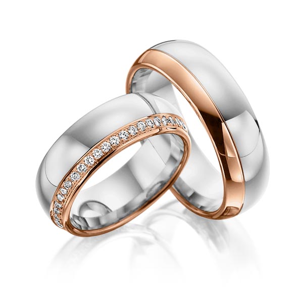 Paar bicolor Memoire-Trauringe/Eheringe in Rotgold 585 Weißgold 585 vollausgefasst mit zus. 0,48 ct. Brillant tw, si von Steinberg - Q-1069-15 Paar bicolor Memoire-Trauringe/Eheringe in Rotgold 585 Weißgold 585 vollausgefasst mit zus. 0,48 ct. Brillant tw, si von Steinberg - Q-1069-15