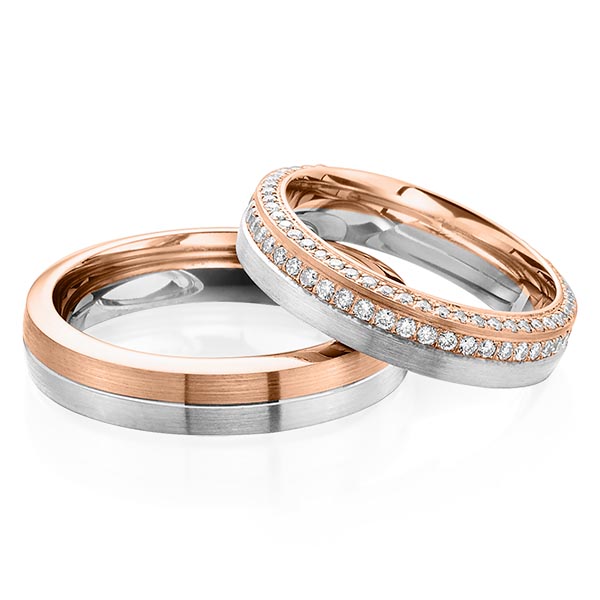 Paar bicolor Memoire-Trauringe/Eheringe in Rotgold 585 Weissgold 585 vollausgefasst mit zus. 0,72 ct. Brillant tw, si von Steinberg - Q-1483-3 Paar bicolor Memoire-Trauringe/Eheringe in Rotgold 585 Weissgold 585 vollausgefasst mit zus. 0,72 ct. Brillant tw, si von Steinberg - Q-1483-3