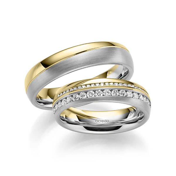 Paar bicolor Memoire-Trauringe/Eheringe in Weißgold 585 Gelbgold 585 halbausgefasst mit zus. 0,505 ct. Brillant tw, si von acredo