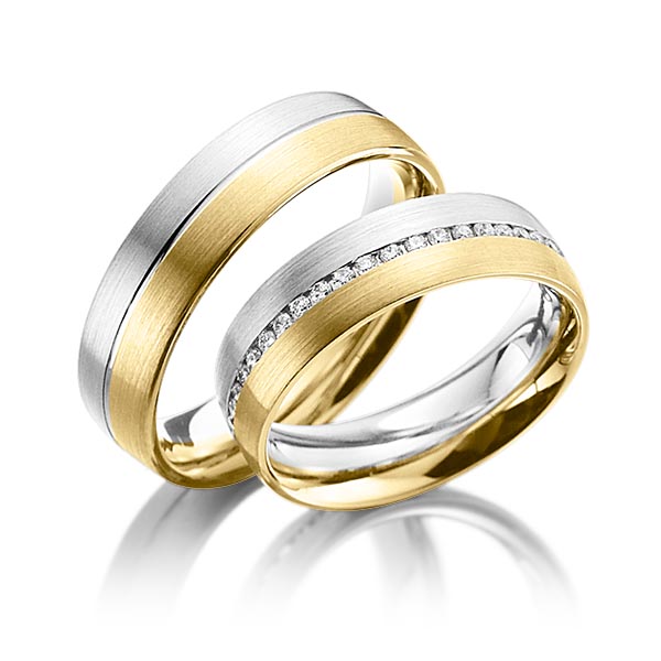 Paar bicolor Memoire-Trauringe/Eheringe in Weißgold 585 Gelbgold 585 vollausgefasst mit zus. 0,44 ct. Brillant tw, si von Steinberg
