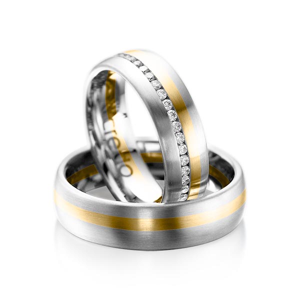 Paar bicolor Memoire-Trauringe/Eheringe in Weissgold 585 Gelbgold 585 vollausgefasst mit zus. 0,46 ct. Brillant tw, si von acredo