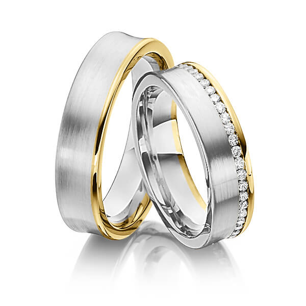 Paar bicolor Memoire-Trauringe/Eheringe in Weißgold 585 Gelbgold 585 vollausgefasst mit zus. 0,47 ct. Brillant tw, si von Steinberg - Q-1371-5