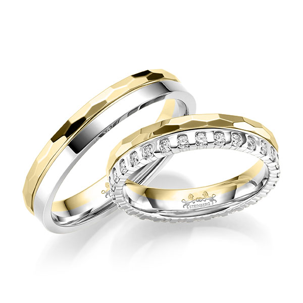 Paar bicolor Memoire-Trauringe/Eheringe in Weißgold 585 Gelbgold 585 vollausgefasst mit zus. 0,58 ct. tw, si von Steinberg