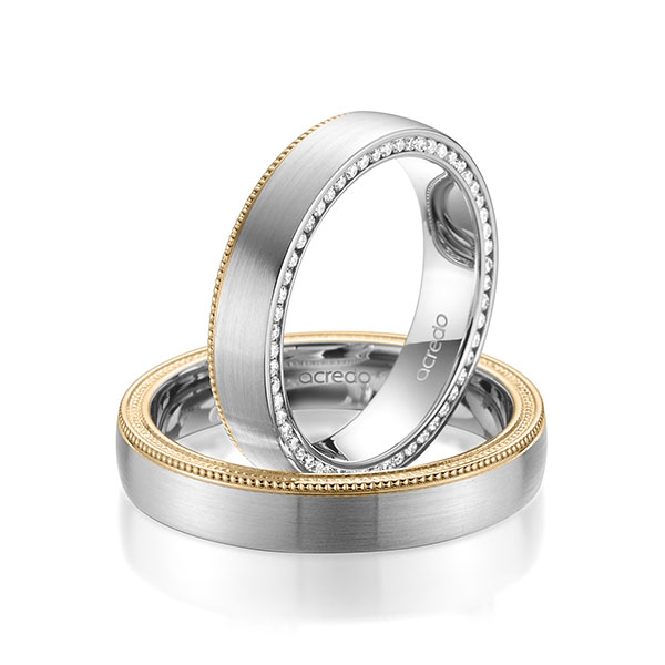 Paar bicolor Memoire-Trauringe/Eheringe in Weißgold 585 Roségold 585 vollausgefasst mit zus. 0,275 ct. Brillant tw, si von acredo