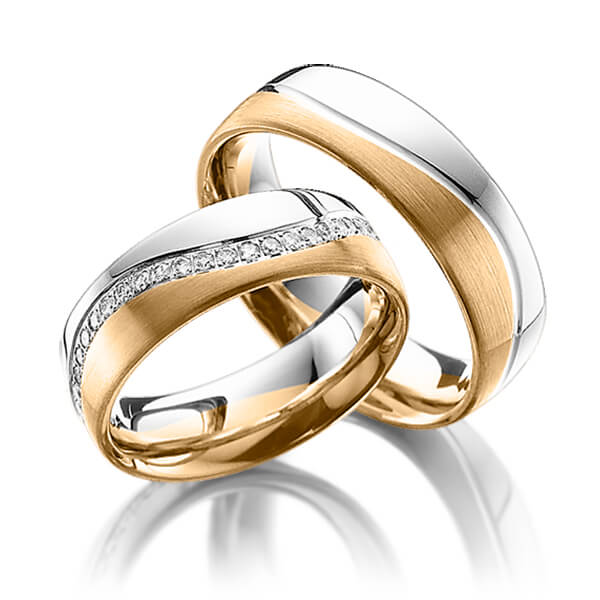 Paar bicolor Memoire-Trauringe/Eheringe in Weissgold 585 Roségold 585 vollausgefasst mit zus. 0,42 ct. Brillant tw, si von Steinberg