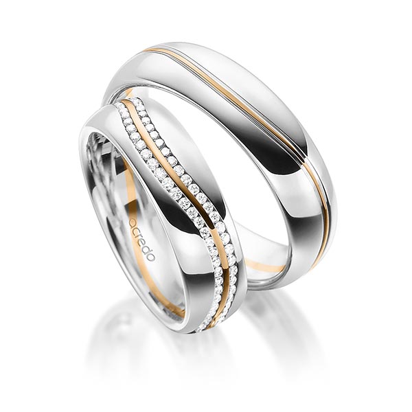 Paar bicolor Memoire-Trauringe/Eheringe in Weißgold 585 Roségold 585 vollausgefasst mit zus. 0,59 ct. Brillant tw, si von acredo