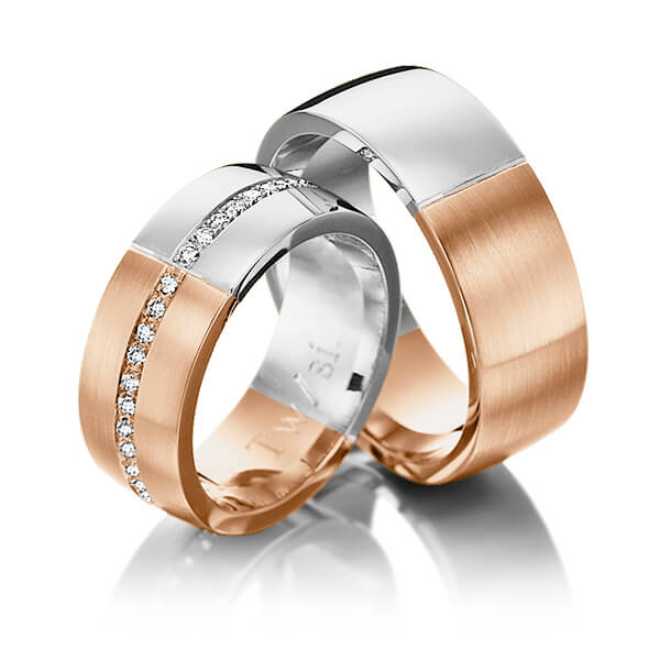 Paar bicolor Memoire-Trauringe/Eheringe in Weißgold 585 Rotgold 585 halbausgefasst mit zus. 0,22 ct. Brillant tw, si von 123GOLD - P-1119-2 Paar bicolor Memoire-Trauringe/Eheringe in Weißgold 585 Rotgold 585 halbausgefasst mit zus. 0,22 ct. Brillant tw, si von 123GOLD - P-1119-2
