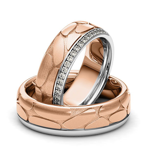Paar bicolor Memoire-Trauringe/Eheringe in Weissgold 585 Rotgold 585 Laser Struktur halbausgefasst mit zus. 0,22 ct. Brillant tw, si von 123GOLD