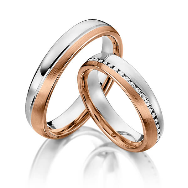 Paar bicolor Memoire-Trauringe/Eheringe in Weißgold 585 Rotgold 585 vollausgefasst mit zus. 0,295 ct. Brillant tw, si von Steinberg - Q-1151-2 Paar bicolor Memoire-Trauringe/Eheringe in Weißgold 585 Rotgold 585 vollausgefasst mit zus. 0,295 ct. Brillant tw, si von Steinberg - Q-1151-2