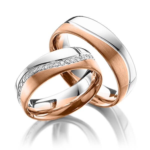 Paar bicolor Memoire-Trauringe/Eheringe in Weißgold 585 Rotgold 585 vollausgefasst mit zus. 0,42 ct. Brillant tw, si von Steinberg
