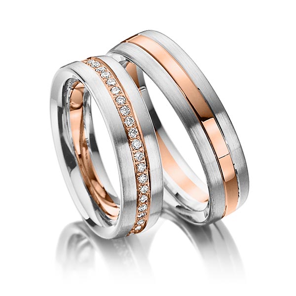 Paar bicolor Memoire-Trauringe/Eheringe in Weißgold 585 Rotgold 585 vollausgefasst mit zus. 0,48 ct. Brillant tw, si von Steinberg