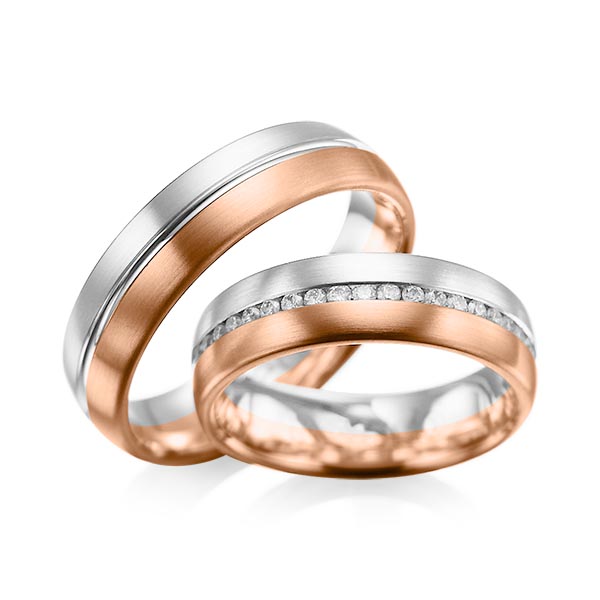 Paar bicolor Memoire-Trauringe/Eheringe in Weißgold 585 Rotgold 585 vollausgefasst mit zus. 0,615 ct. Brillant tw, si von acredo - A-1031-6