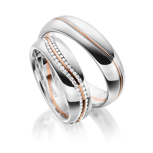 Paar bicolor Memoire-Trauringe/Eheringe in Weissgold 585 Rotgold 585 vollausgefasst mit zus. 0,6 ct. Brillant tw, si von acredo