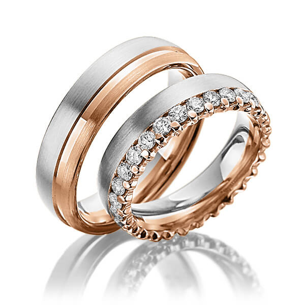 Paar bicolor Memoire-Trauringe/Eheringe in Weissgold 585 Rotgold 585 vollausgefasst mit zus. 1,3 ct. Brillant tw, si von Steinberg